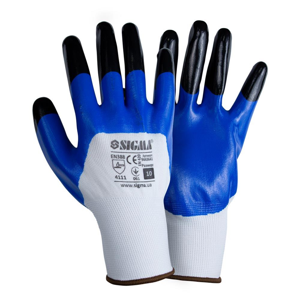 Рукавички трикотажні з частковим нітриловим покриттям посилені пальці р10 (синьо-чорні, манжет) SIGMA (9443641) - фото №1 мал.